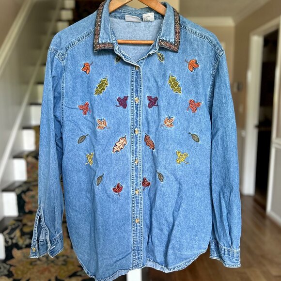 Bobbie Brooks Tops - Bobbie Brooks Vintage Denim Shirt w/ Embroidered Autumn Fall Leaves Womens Sz XL